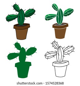 Cactus with stroke, without stroke, just stroke and fully green. Vector graphics