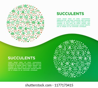 Cactus and succelents in pots concept in circle with thin line icons. Modern vector illustration, web page template for shop of plants.