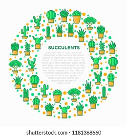 Cactus and succelents in pots concept in circle with thin line icons. Modern vector illustration, web page template for shop of plants.
