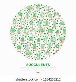 Cactus and succelents in pots concept in circle with thin line icons. Modern vector illustration, web page template for shop of plants.