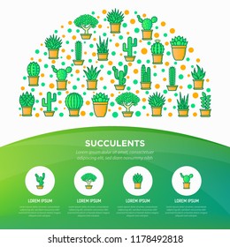 Cactus and succelents in pots concept in half circle with thin line icons. Modern vector illustration, web page template for shop of plants.