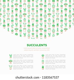 Cactus and succelents in pots concept with thin line icons for banner, print media. Modern vector illustration, web page template for shop of plants.