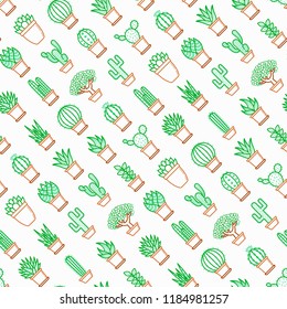 Cactus and succelents in pots seamless pattern with thin line icons. Modern vector illustration for shop of plants.