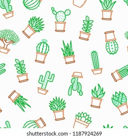 Cactus and succelents in pots seamless pattern with thin line icons. Modern vector illustration for shop of plants.