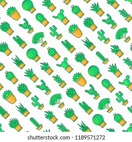 Cactus and succelents in pots seamless pattern with thin line icons. Modern vector illustration for shop of plants.