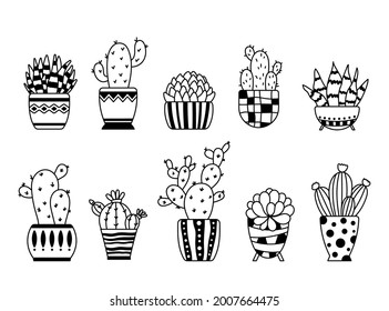 Cactus and succulent boho isolated clipart, Potted cacti vector graphic, House plants in flower pots black and white floral decorative elements, Line plants, botanical design items