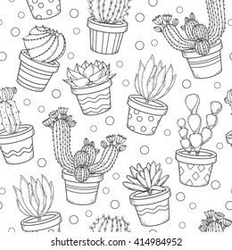 Cactus and succulent contour seamless pattern; doodle flowers in pots on white background; hand drawn cacti, succulents and pots in sketch style; 