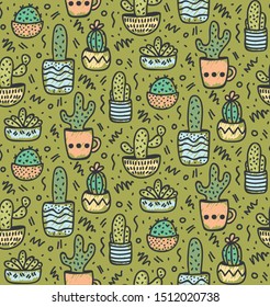 Cactus succulent doodle icons seamless vector pattern