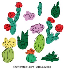 Cactus And Succulent Doodle Vector Cartoon Illustration