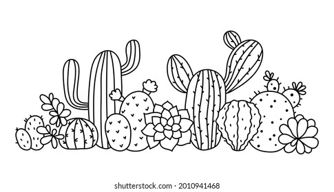 Cactus and succulent floral border clipart, Cactus composition isolated items on white background, black and white line botanical decorative element - vector illustration
