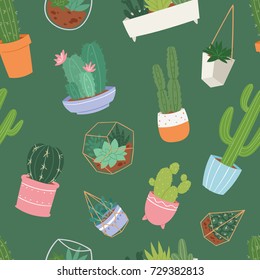 Cactus and succulent flower green home plant seamless pattern floral illustration.