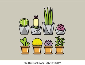 Cactus and succulent in flowerpot. Houseplants isolated. Trendy hugge style, urban jungle decor. Hand drawn. Set collection. Green, blue, pink, white, black colors. Print, poster, banner. Logo, label.