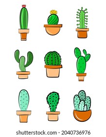 Cactus succulent in flowerpot vector icon set isolated cartoon illustration clipart