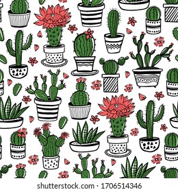Cactus y suculento dibujo a mano sin fisuras en estilo de esbozo. El perro colorea flores en macetas. Vector colorido adorable de las plantas interiores de la casa.