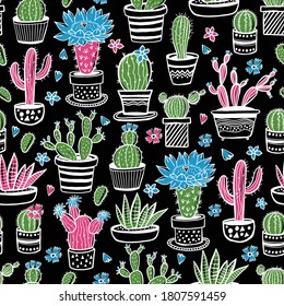 Cactus and succulent hand drawn seamless pattern in sketch style on black. Doodle colors flowers in pots. Vector colorful cute house interior plants.