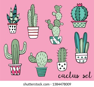 Cactus and succulent hand drawn set. Doodle flowers in pots on pink background. Vector colorful cute house interior plants