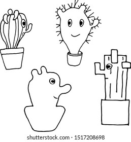 Cactus and succulent hand-drawn set. Black and white contour illustration
for fabric, textile. Vector background.