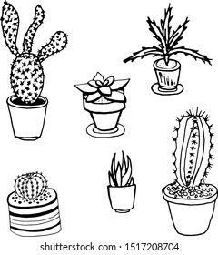 Cactus and succulent hand-drawn set. Black and white contour illustration
for fabric, textile. Vector background.