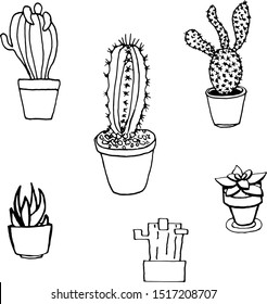 Cactus and succulent hand-drawn set. Black and white contour illustration
for fabric, textile. Vector background.