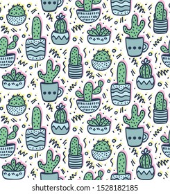 Cactus succulent house plants in pots seamless vector pattern