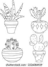 Cactus and succulent houseplants growing in pots. Vector black and white coloring page