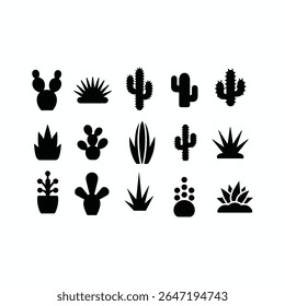 Cactus and Succulent Icon Set Black Silhouette Desert Plant Vector Collection.