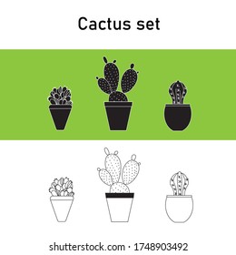 Cactus and succulent icons set, isolated outline black and white sketch . Houseplant and wild cactus collection. Black and white cartoon cactus pattern.
