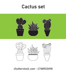 Cactus and succulent icons set, isolated outline black and white sketch . Houseplant and wild cactus collection. Black and white cartoon cactus pattern.