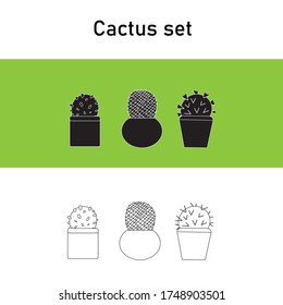 Cactus and succulent icons set, isolated outline black and white sketch . Houseplant and wild cactus collection. Black and white cartoon cactus pattern.