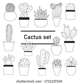 Cactus and succulent icons set, isolated outline black and white sketch . Houseplant and wild cactus collection. Black and white cartoon cactus pattern.