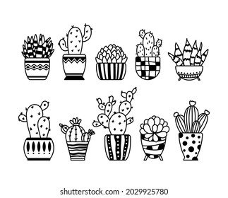 Cactus and succulent isolated clipart bundle, potted plants black and white floral decorative elements, outline houseplants botanical design items, boho home flower in pot - vector illustration