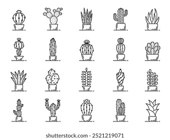 Cactus succulent line icons. Vector set of linear potted desert plants like barrel and prickly pear cactus, sansevieria snake plant, saguaro and aloe vera. Totem pole, ball, mammillaria and echeveria