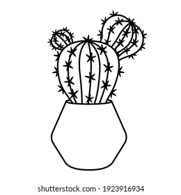 Cactus And Succulent Line Style Cartoon Vector Illustration. Decorative Flower Plant In Pot. Isolated Icon Cacti