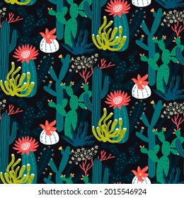 Cactus y patrón suculento, textura sin fisuras para tela, impresión de papel, diseño de prendas de vestir. Fondo vectorial de cactus de verano lindo