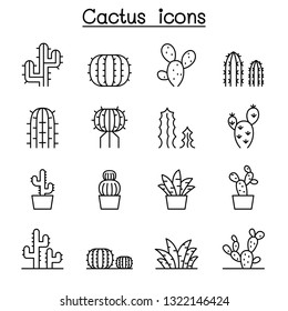 Cactus and succulent plant icon set in thin line style