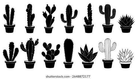 Cactus and Succulent Plant Icon Set in Bold Silhouette Style for Desert Garden, Home Decor, and Nature-Themed Design