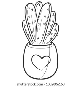 Cactus and Succulent Plant Pot, Traditional Doodle. Icons Sketch Hand Made. Design Vector Line Art.