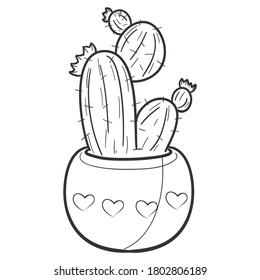 Cactus and Succulent Plant Pot, Traditional Doodle. Icons Sketch Hand Made. Design Vector Line Art.