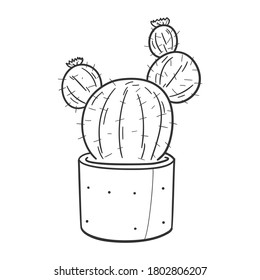 Cactus and Succulent Plant Pot, Traditional Doodle. Icons Sketch Hand Made. Design Vector Line Art.