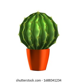 Cactus Suculento Plantado En El Vector Naranja. Cactus Planta Botánica Verde Doméstica Con Pantalones Afilados. Hierba Natural Decorativa. Dolor Y Problema Hemorroides Concepto Ilustración 3d Realista