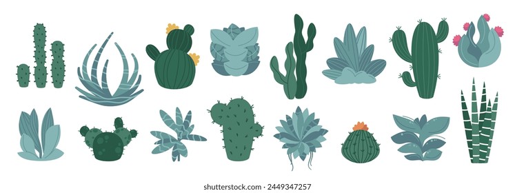 Cactus and succulent plants. Cartoon prickly decorative botanical garden elements, cute agave and cacti with thorns and spikes. Vector isolated collection