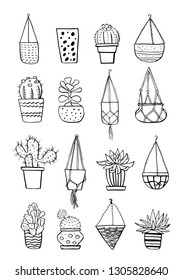 Cactus and succulent plants in different flowerpots. Vector hand drawn outline black and white sketch illustration isolated on white background