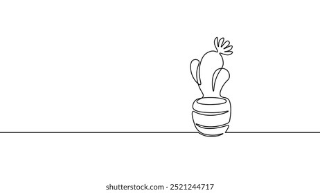 Cactus succulent plants. Home plants one line ink sketch flowers in a pot decorative houseplant cactis. Contour outline vector illustration