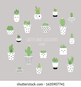 Cactus and succulent plants in pots. Illustration set of hand drawn cacti and succulents growing in cute little pots. Black and white color scheme. Vector clipart