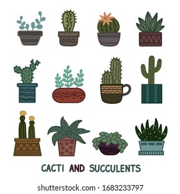 Cactus and succulent plants in pots. Illustration set of hand drawn cacti and succulents growing in cute little pots. Simple cartoon vector style.