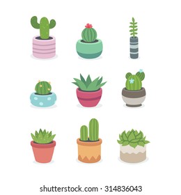 Cactus and succulent plants in pots. Illustration set of hand drawn cacti and succulents growing in cute little pots. Simple cartoon vector style.