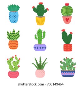 Cactus and succulent plants in pots. Illustration set of hand drawn cacti and succulents growing in cute little pots.