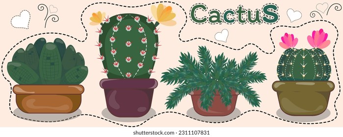 Cactus, succulent plants in pots, various species Graphics drawings, beautiful illustrations, a set of 4 trees, 4 pots