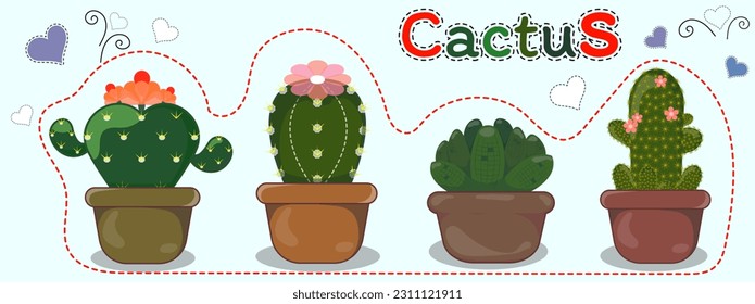 Cactus, plantas suculentas en macetas, varias especies Dibujos gráficos, hermosas ilustraciones, un conjunto de 4 árboles, 4 macetas