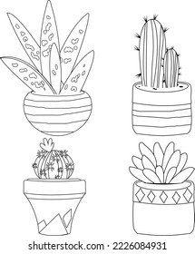Cactus and succulent plants in pots. Vector black and white coloring page.